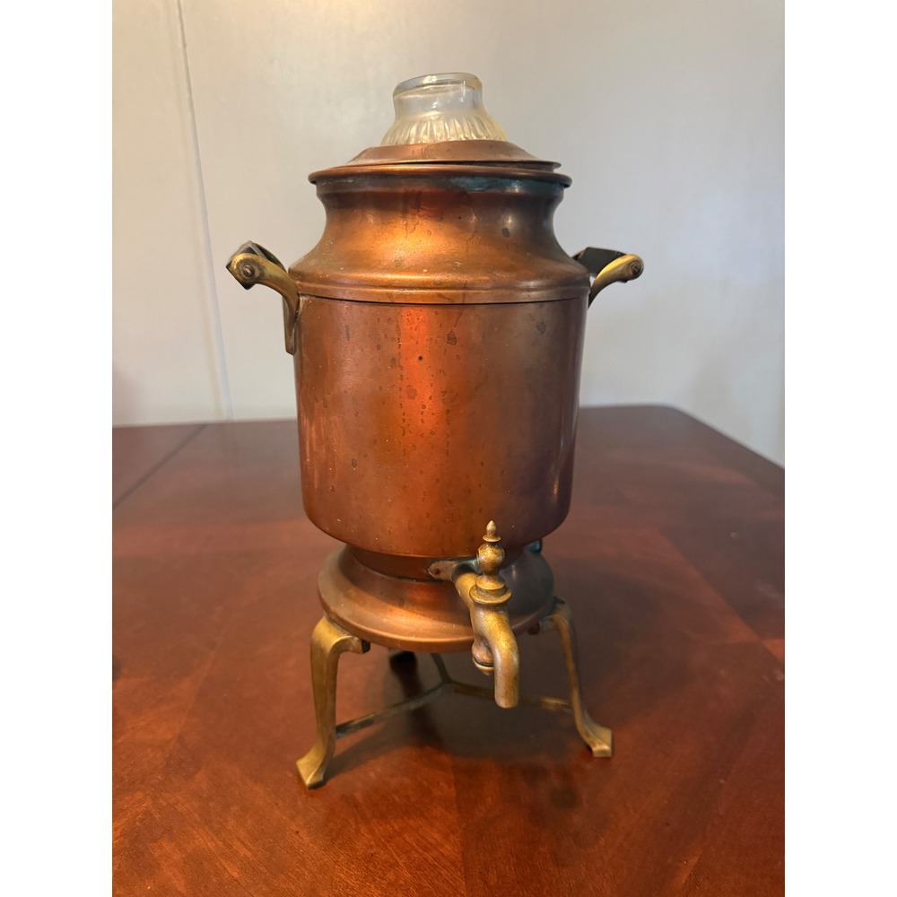 Vintage Copper Percolator Coffee Pot Urn Brass Tripod Base Decorative